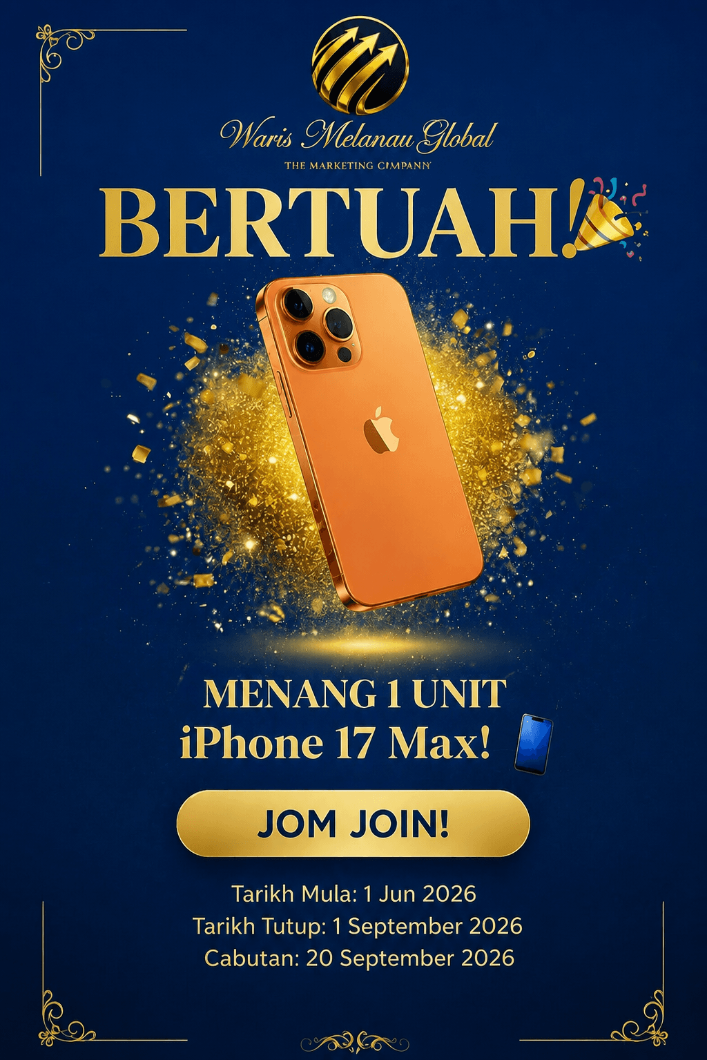 Gold iPhone 17 Max giveaway advertisement with sparkling confetti on a dark blue background.