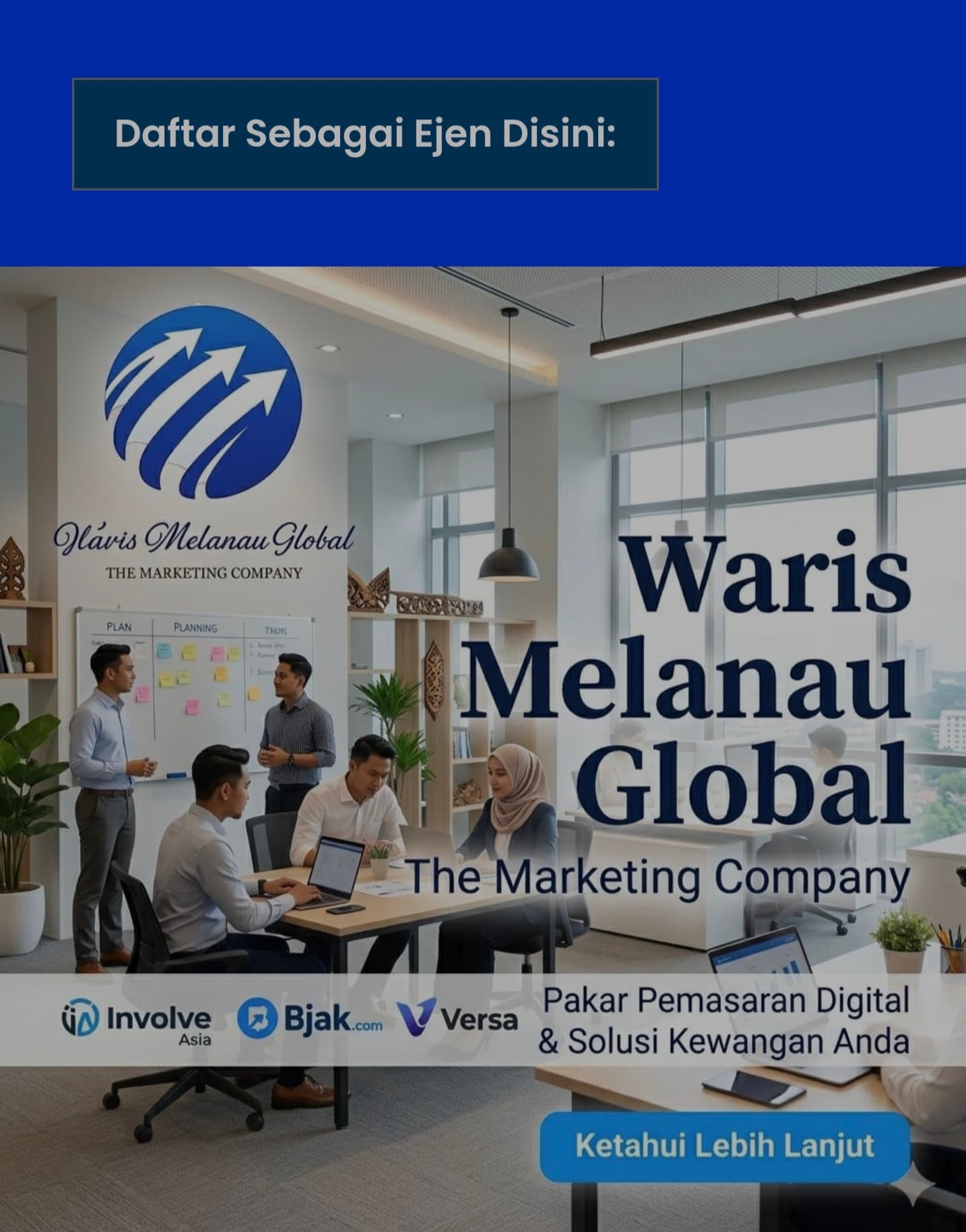 Marketing professionals collaborating in a modern office for Waris Melanau Global, a digital marketing company.
